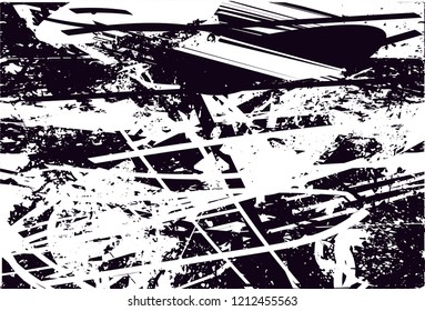 Distressed background in black and white texture with dots, spots, scratches and lines. Abstract vector illustration