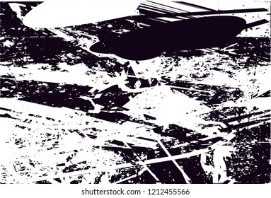 Distressed background in black and white texture with dots, spots, scratches and lines. Abstract vector illustration