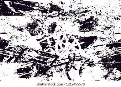 Distressed background in black and white texture with dots, spots, scratches and lines. Abstract vector illustration