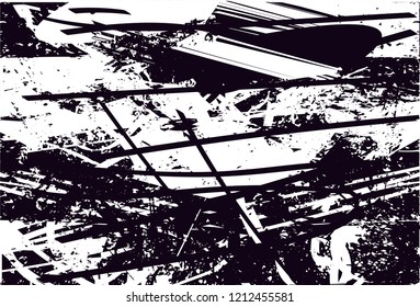 Distressed background in black and white texture with dots, spots, scratches and lines. Abstract vector illustration