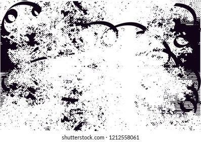 Distressed background in black and white texture with dots, spots, scratches and lines. Abstract vector illustration