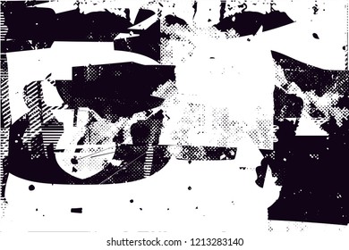 Distressed background in black and white texture with dots, spots, scratches and lines. Abstract vector illustration