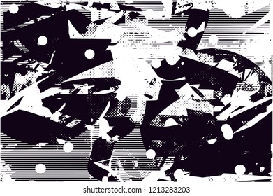 Distressed background in black and white texture with dots, spots, scratches and lines. Abstract vector illustration