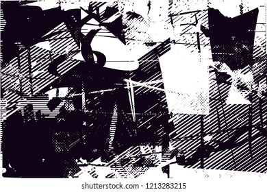 Distressed background in black and white texture with dots, spots, scratches and lines. Abstract vector illustration