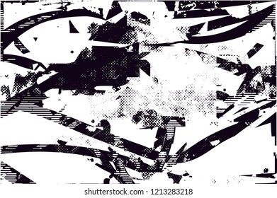 Distressed background in black and white texture with dots, spots, scratches and lines. Abstract vector illustration