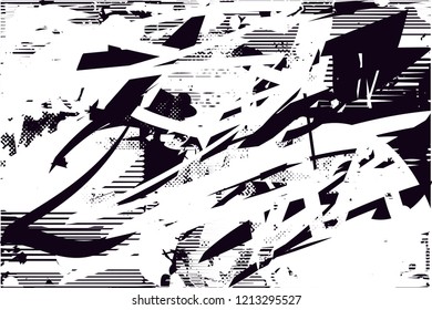 Distressed background in black and white texture with dots, spots, scratches and lines. Abstract vector illustration