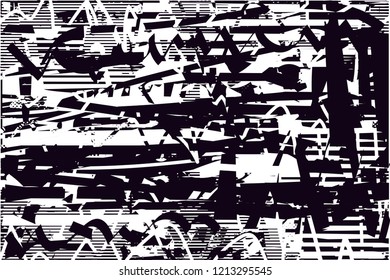 Distressed background in black and white texture with dots, spots, scratches and lines. Abstract vector illustration