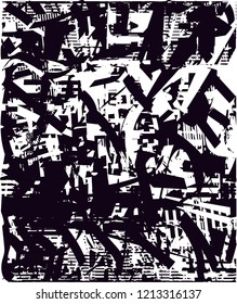 Distressed background in black and white texture with dots, spots, scratches and lines. Abstract vector illustration