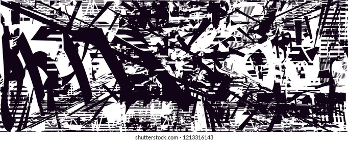 Distressed background in black and white texture with dots, spots, scratches and lines. Abstract vector illustration