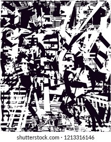 Distressed background in black and white texture with dots, spots, scratches and lines. Abstract vector illustration