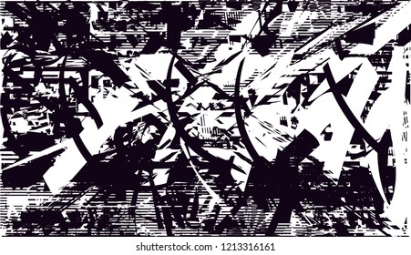 Distressed background in black and white texture with dots, spots, scratches and lines. Abstract vector illustration