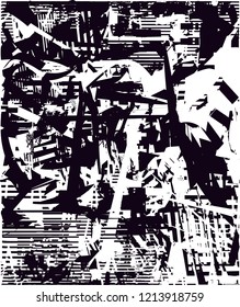 Distressed background in black and white texture with dots, spots, scratches and lines. Abstract illustration