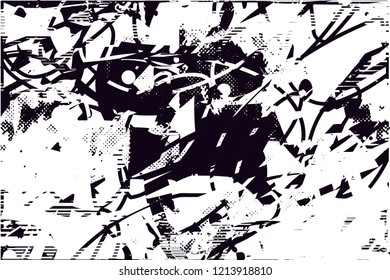 Distressed background in black and white texture with dots, spots, scratches and lines. Abstract illustration