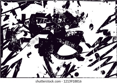 Distressed background in black and white texture with dots, spots, scratches and lines. Abstract illustration