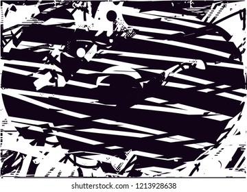 Distressed background in black and white texture with circles
dots, spots, scratches and lines. Abstract illustration