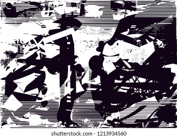 Distressed background in black and white texture with dots, spots, scratches and lines. Abstract vector illustration