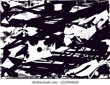 Distressed background in black and white texture with dots, spots, scratches and lines. Abstract vector illustration