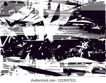 Distressed background in black and white texture with dots, spots, scratches and lines. Abstract vector illustration