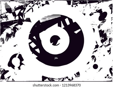 Distressed background in black and white texture with circles dots, spots, scratches and lines. Abstract vector illustration