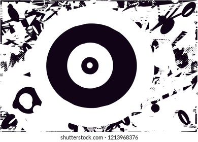 Distressed background in black and white texture with circles dots, spots, scratches and lines. Abstract vector illustration