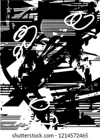 Distressed background in black and white texture with dots, spots, scratches and lines. Abstract vector illustration