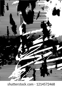 Distressed background in black and white texture with dots, spots, scratches and lines. Abstract vector illustration