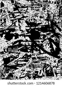 Distressed background in black and white texture with dots, spots, scratches and lines. Abstract vector illustration