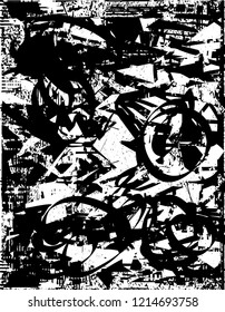 Distressed background in black and white texture with dots, spots, scratches and lines. Abstract vector illustration