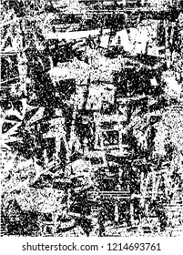 Distressed background in black and white texture with dots, spots, scratches and lines. Abstract vector illustration