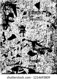 Distressed background in black and white texture with dots, spots, scratches and lines. Abstract vector illustration