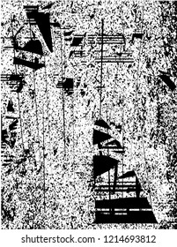 Distressed background in black and white texture with dots, spots, scratches and lines. Abstract vector illustration
