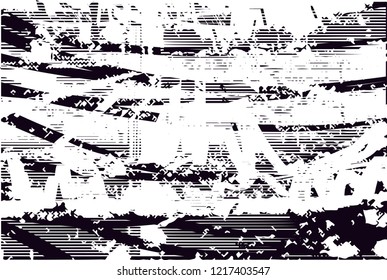 Distressed background in black and white texture with dots, spots, scratches and lines. Abstract vector illustration