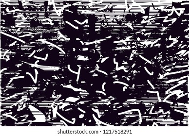 Distressed background in black and white texture with dots, spots, scratches and lines. Abstract vector illustration