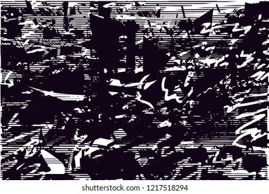 Distressed background in black and white texture with dots, spots, scratches and lines. Abstract vector illustration