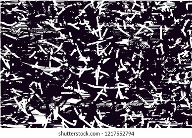 Distressed background in black and white texture with dots, spots, scratches and lines. Abstract vector illustration