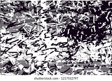 Distressed background in black and white texture with dots, spots, scratches and lines. Abstract vector illustration