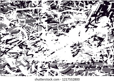Distressed background in black and white texture with dots, spots, scratches and lines. Abstract vector illustration