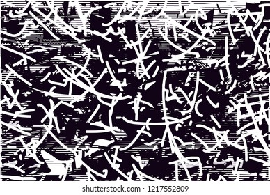 Distressed background in black and white texture with dots, spots, scratches and lines. Abstract vector illustration