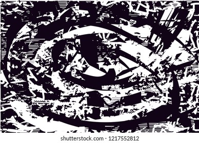 Distressed background in black and white texture with dots, spots, scratches and lines. Abstract vector illustration