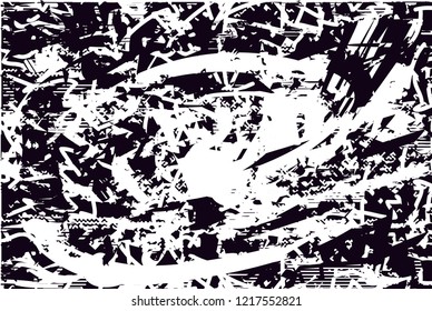 Distressed background in black and white texture with dots, spots, scratches and lines. Abstract vector illustration