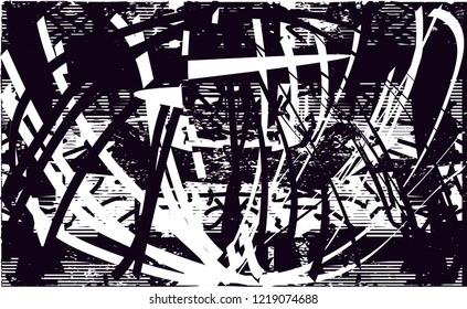 Distressed background in black and white texture with dots, spots, scratches and lines. Abstract vector illustration