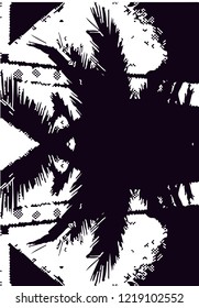 Distressed background in black and white texture from palms and balcony with dots, spots, scratches and lines. Abstract vector illustration