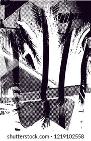 Distressed background in black and white texture from palms and balcony with dots, spots, scratches and lines. Abstract vector illustration