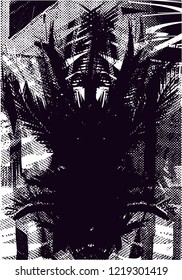 Distressed background in black and white texture from palms and balcony with dots, spots, scratches and lines. Abstract vector illustration