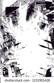 Distressed background in black and white texture from palms and balcony with dots, spots, scratches and lines. Abstract vector illustration