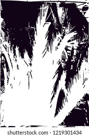 Distressed background in black and white texture from palms and balcony with dots, spots, scratches and lines. Abstract vector illustration