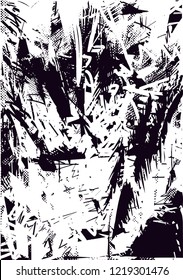 Distressed background in black and white texture from palms and balcony with dots, spots, scratches and lines. Abstract vector illustration
