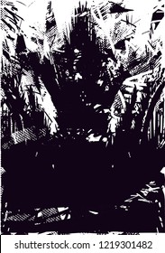 Distressed background in black and white texture from palms and balcony with dots, spots, scratches and lines. Abstract vector illustration