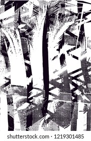 Distressed background in black and white texture from palms and balcony with dots, spots, scratches and lines. Abstract vector illustration