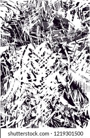 Distressed background in black and white texture from palms and balcony with dots, spots, scratches and lines. Abstract vector illustration